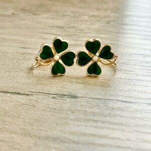 Vintage Gold and Green Screw Clip On Pearl Clover Earrings